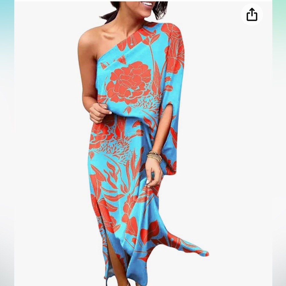 One-Shoulder Blue and Coral Floral Maxi Dress